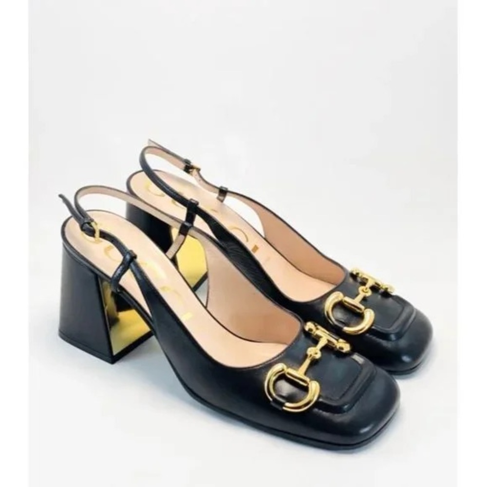 GUCCI Black leather and Gold Women's Slingback Heels
